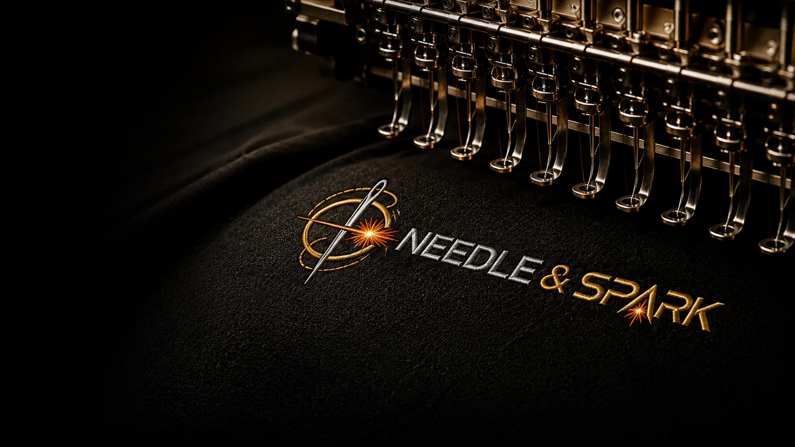 Embroidery-machine needles over black fabric with the Needle & Spark design
