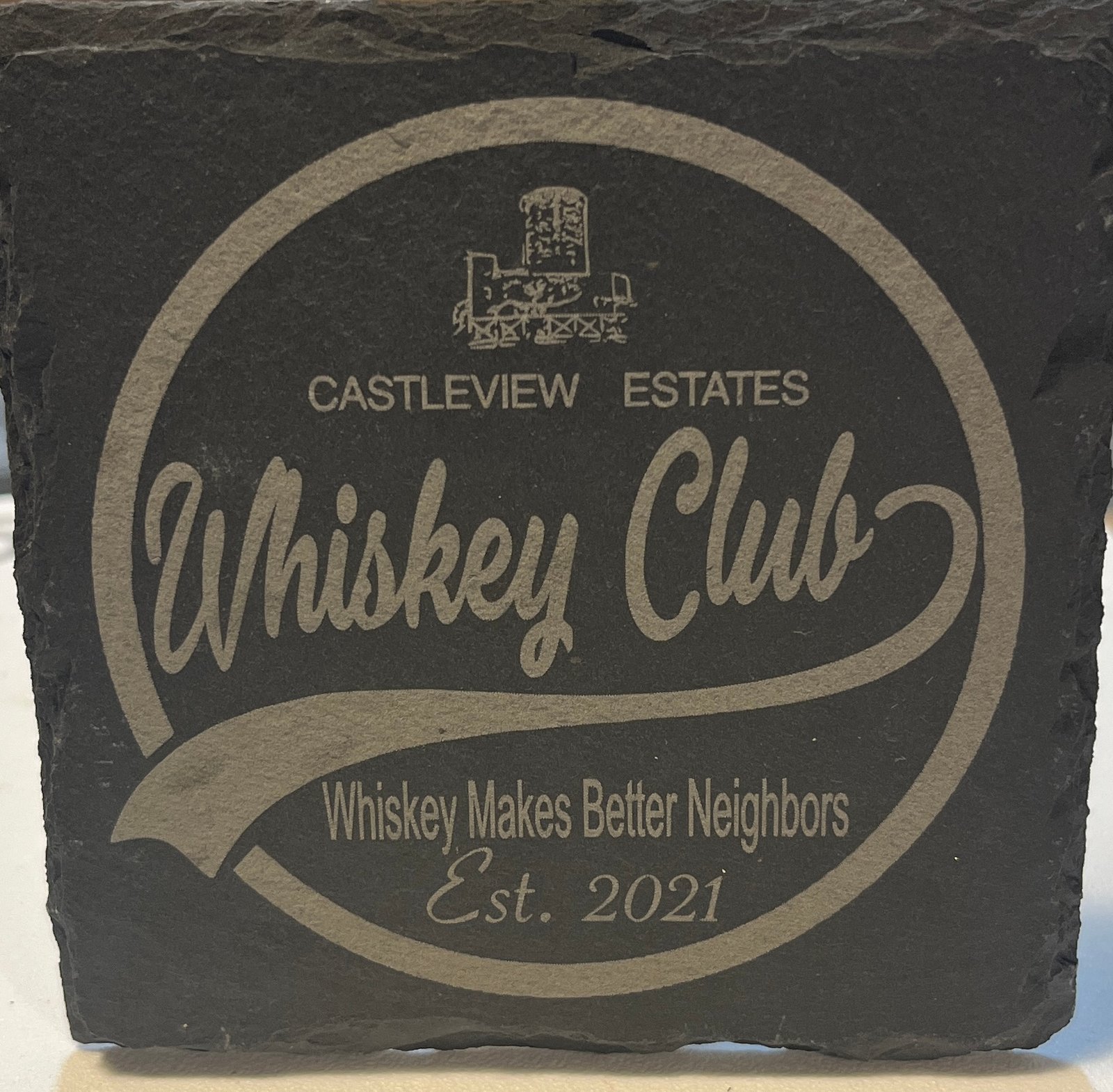 Castleview Estates Whiskey Club engraved slate coaster