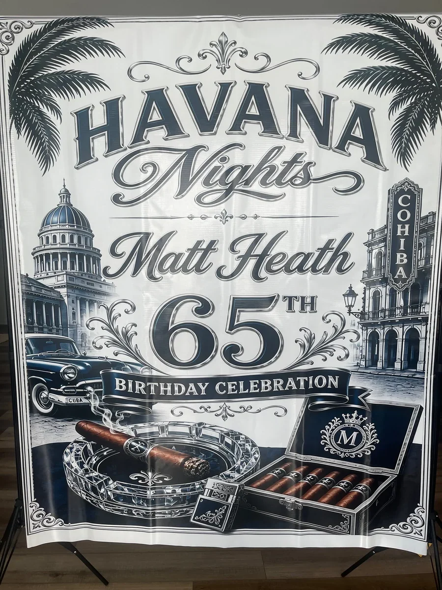 Custom black-and-white Havana Nights 65th birthday celebration banner