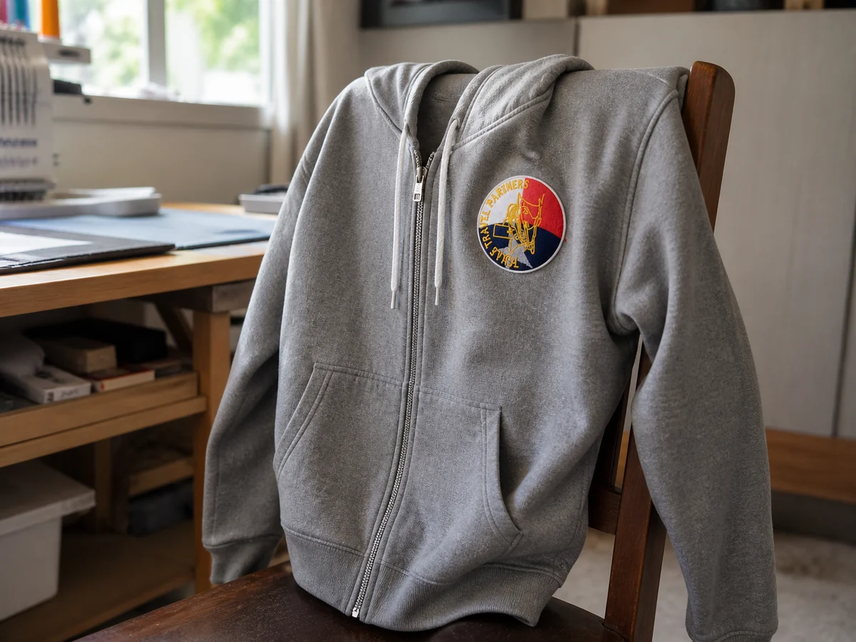 Grey zip hoodie with colorful circular embroidered organization patch