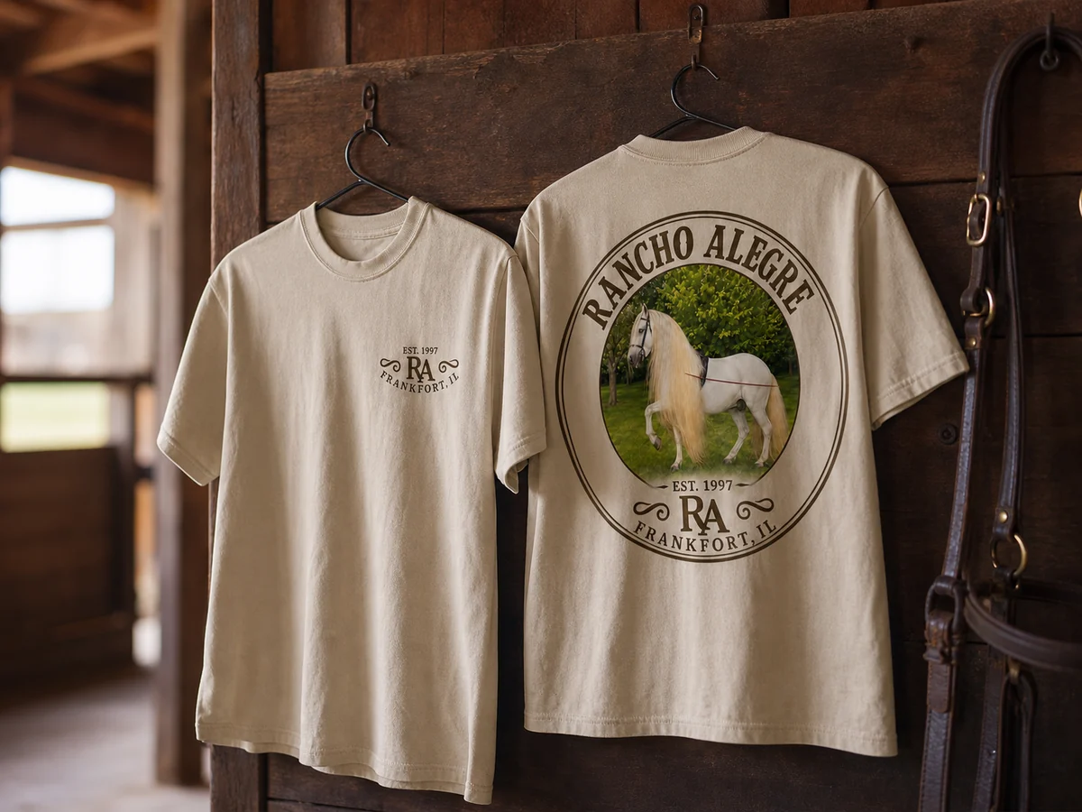 Sand-colored custom equestrian shirts with front chest mark and full back print