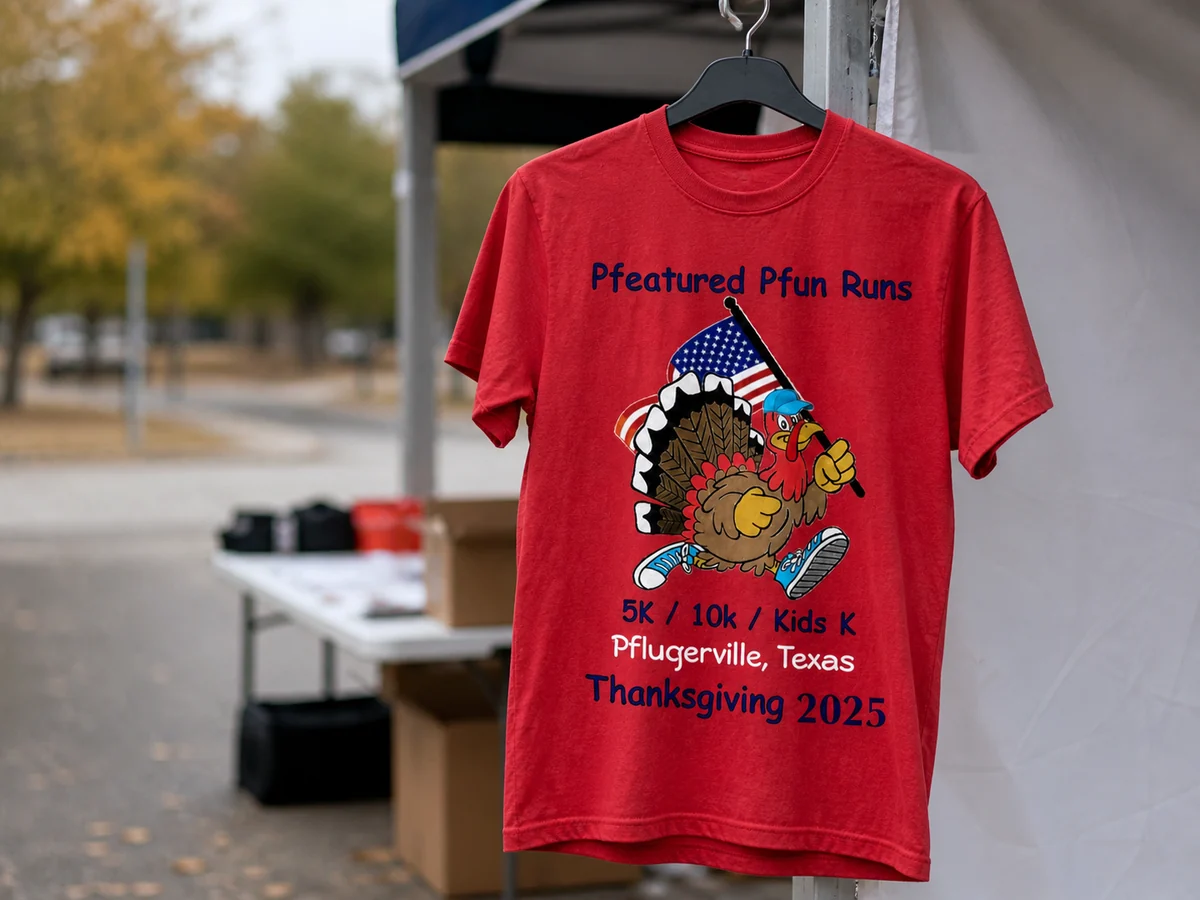 Red custom printed Thanksgiving fun run event shirt