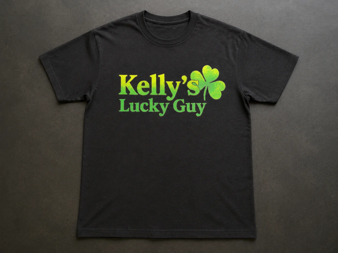 Black custom printed Kelly's Lucky Guy shirt with green shamrock design