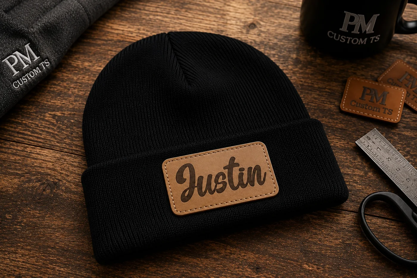 Black knit beanie with personalized engraved leather patch