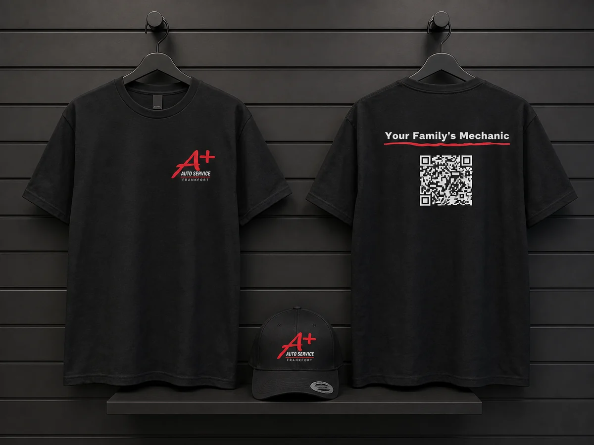 A+ Auto Service branded business apparel with front and back shirts and embroidered hat