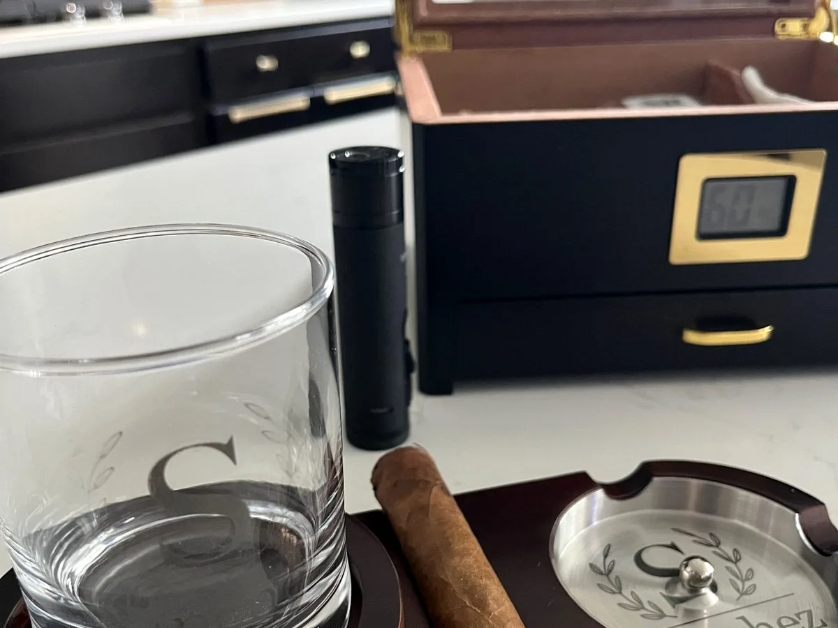 Custom engraved whiskey glass and cigar gift set