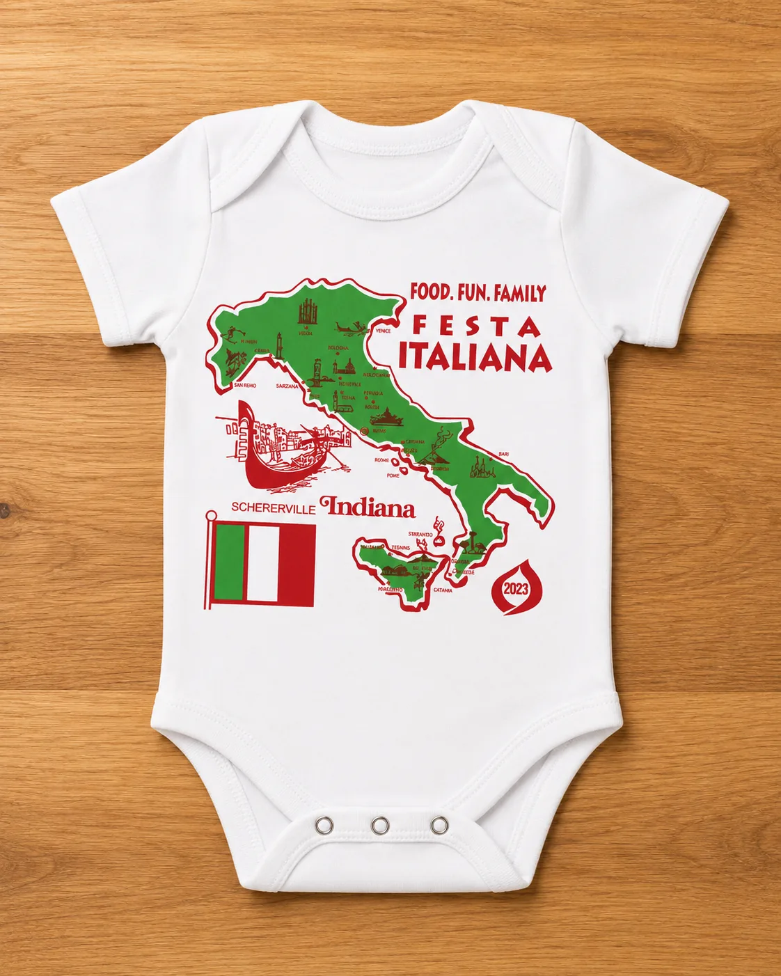 Full-color printed custom baby onesie made by Needle & Spark for Oak Lawn and Chicago area customers