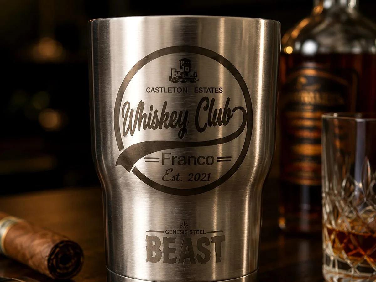 Custom laser engraved tumbler made by Needle & Spark in Oak Lawn Illinois