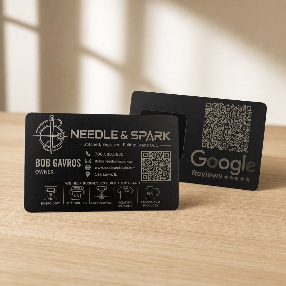 Needle & Spark Connect engraved business card and Google review card