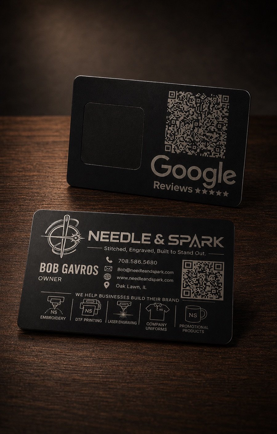 Custom engraved Needle & Spark NFC business card and Google review Needle & Spark Connect card